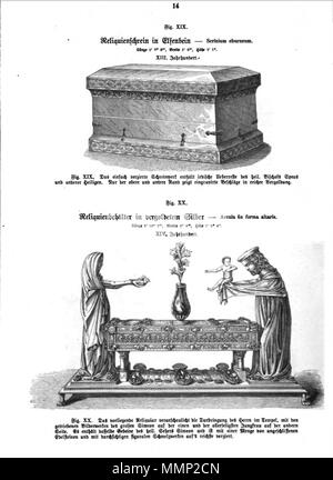 . Englisch: Seite von Das Heiligtum zu Aachen mit holzschnitt Abbildungen von zwei reliquiare in Aachen Domschatzkammer, Deutschland. Zwei von 51 Abbildungen in Franz Bock 1867 Veröffentlichung auf der Dom zu Aachen Schätze. . 1867. unknow Kupferstecher Franz Bock, das Heiligtum zu Aachen, Seite 14. Stockfoto