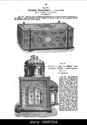 . Englisch: Seite von Das Heiligtum zu Aachen mit holzschnitt Abbildungen von zwei reliquiare in Aachen Domschatzkammer, Deutschland. Zwei von 51 Abbildungen in Franz Bock 1867 Veröffentlichung auf der Dom zu Aachen Schätze. . 1867. unknow Kupferstecher Franz Bock, das Heiligtum zu Aachen, Seite 12 Stockfoto