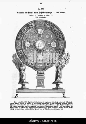 . Englisch: Seite von Das Heiligtum zu Aachen mit Holzschnitt Illustration eines Reliquiar in Aachen Domschatzkammer, Deutschland. Eine der 51 Abbildungen in Franz Bock 1867 Veröffentlichung auf der Dom zu Aachen Schätze. . 1867. unknow Kupferstecher Franz Bock, das Heiligtum zu Aachen, Seite 15 Stockfoto