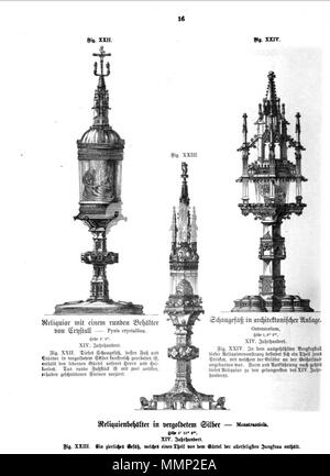 . Englisch: Seite von Das Heiligtum zu Aachen mit holzschnitt Illustrationen von 3 Reliquiare in Aachen Domschatzkammer, Deutschland. Drei von 51 Abbildungen in Franz Bock 1867 Veröffentlichung auf der Dom zu Aachen Schätze. . 1867. unknow Kupferstecher Franz Bock, das Heiligtum zu Aachen, Seite 16. Stockfoto