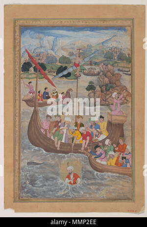 . Deutsch: "Alexander ist in das Meer', Folio aus einem khamsa (Quintett) von Amir Khusrau Dihlavi Mukunda Thema abgesenkt: Amir Khusrau Dihlavi (1253-1325) Objekt Name: Illustrierte Handschrift, folio Herrschaft: Akbar (1556 - 1605) Datum: 1597 - 98 Geographie: Indien Medium: Main Support: Tusche, Aquarell, Gold auf Papier Seitenränder: Gold auf gefärbtem Papier Abmessungen: 9 3/8 x 6 1/4 in. (23,8 x 15,9 cm) Einstufung: Codices Kreditlinie: Geschenk des Alexander Smith Cochran, 1913 Beitritt 13.228.27 Anzahl: Dieses Kunstwerk ist derzeit in der Galerie 463 Die khamsa der indische Dichter Amir Khusrau umfasst eine Wissenscha Stockfoto