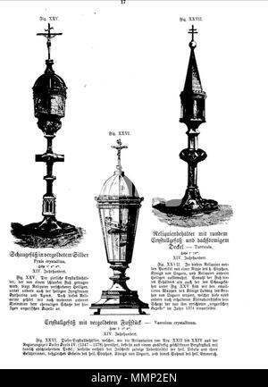 . Englisch: Seite von Das Heiligtum zu Aachen mit holzschnitt Illustrationen von 3 Reliquiare in Aachen Domschatzkammer, Deutschland. Drei von 51 Abbildungen in Franz Bock 1867 Veröffentlichung auf der Dom zu Aachen Schätze. . 1867. unknow Kupferstecher Franz Bock, das Heiligtum zu Aachen, Seite 17 Stockfoto