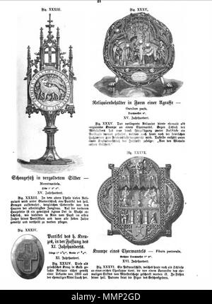 . Englisch: Seite von Das Heiligtum zu Aachen mit holzschnitt Illustrationen von reliquiare in Aachen Domschatzkammer, Deutschland. Vier von 51 Abbildungen in Franz Bock 1867 Veröffentlichung auf der Dom zu Aachen Schätze. . 1867. unknow Kupferstecher Franz Bock, das Heiligtum zu Aachen, Seite 21. Stockfoto