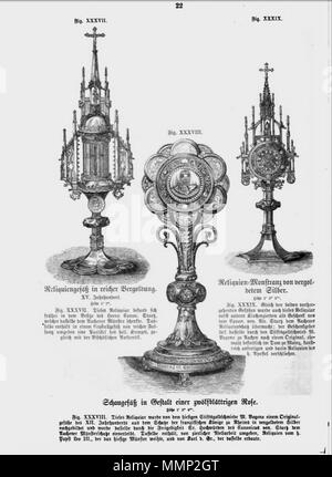 . Englisch: Seite von Das Heiligtum zu Aachen mit holzschnitt Illustrationen von reliquiare in Aachen Domschatzkammer, Deutschland. Drei von 51 Abbildungen in Franz Bock 1867 Veröffentlichung auf der Dom zu Aachen Schätze. . 1867. unknow Kupferstecher Franz Bock, das Heiligtum zu Aachen, Seite 22. Stockfoto