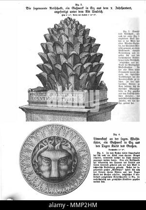 . Englisch: Seite von Das Heiligtum zu Aachen mit holzschnitt Illustrationen von zwei Skulpturen im Aachener Dom, Deutschland. Zwei von 51 Abbildungen in Franz Bock 1867 Veröffentlichung auf der Dom zu Aachen Schätze. . 1867. unknow Kupferstecher Franz Bock, das Heiligtum zu Aachen, Seite 24. Stockfoto