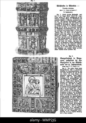 . Englisch: Seite von Das Heiligtum zu Aachen mit holzschnitt Abbildungen von zwei Elfenbein Objekte in Aachen Domschatzkammer, Deutschland. Zwei von 51 Abbildungen in Franz Bock 1867 Veröffentlichung auf der Dom zu Aachen Schätze. . 1867. unknow Kupferstecher Franz Bock, das Heiligtum zu Aachen, Seite 26. Stockfoto