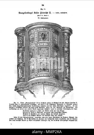 . Englisch: Seite von Das Heiligtum zu Aachen mit Holzschnitt Illustration der goldenen Kanzel von Henry II. im Dom zu Aachen, Deutschland. Eine der 51 Abbildungen in Franz Bock 1867 Veröffentlichung auf der Dom zu Aachen Schätze. . 1867. unknow Kupferstecher Franz Bock, das Heiligtum zu Aachen, Seite 29. Stockfoto