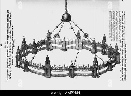 . Englisch: Seite von Das Heiligtum zu Aachen mit Holzschnitt Illustration der Barbarossa Kronleuchter im Dom zu Aachen, Deutschland. Eine der 51 Abbildungen in Franz Bock 1867 Veröffentlichung auf der Dom zu Aachen Schätze. . 1867. unknow Kupferstecher Franz Bock, das Heiligtum zu Aachen, Seite 30. Stockfoto