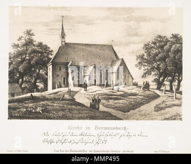 . English: St. Peter-Paul Kirche in Hermannsburg sterben. Inschrift in Druckbuchstaben: Kirche in Hermansburg. Steindr. v. E.Ritter, Hambg. Zum Bau des Missonschiffes, der Gemeine Hermansburger geschenkt von A. Vollmer; in Deutscher Kurrentschrift: Wie lieblich sind deine Wohnungen, Herr Zebaoth! Ein Tag in deinen Vorhöfen ist besser, als sonst tausend. Ps.84 Deutsch: Das St. Peter-Paul Kirche in Hermannsburg. Übersetzung des Textes in gedruckten Buchstaben: Kirche in Hermansburg. Für den Bau der Mission Schiff Candace, spendete für die Versammlung durch Hermansburg A. Vollmer. Lithographische pri Stockfoto