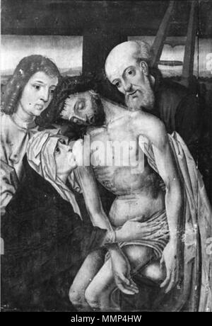 Der Abstieg des Kreuzes. Mit der Jungfrau, St. Johannes und Joseph von Arimathia. Jesus in der Mitte, unterhalb der Knie dargestellt. Nach Rogier van der Weiden - Vernusse Stockfoto