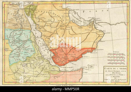 . Englisch: Dies ist eine attraktive Karte von Arabien, nordwestlichen Afrika, Äthiopien (Absynnia) und das Rote Meer durch den mapmaker Rigobert Bonne, C. 1780. Städte, Kirchen, Städte und Berge sind als Miniatur Darstellungen von sich selbst dargestellt. Diese Karte ist sehr detaillierte und schön gestaltete. Carte de L'Arabie, du Golfe Persique et de lat Mer Rouge, avec L'Egypte, La Nubie et L'Abissinie.. 1780. 1780 Bonne Karte von Saudi-Arabien, Ägypten^ Äthiopien - Geographicus - Arabien - bonne-1780 Stockfoto