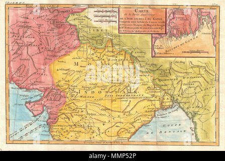 . Englisch: Ein schönes Beispiel für die Rigobert Bonne dekorative Karte im Norden Indiens. Abdeckungen der nördlichen Region des Subkontinents von Dabul im Süden, an der Grenze zu Tibet im Norden. Zeigt auch, was der moderne Tag Pakistan und Afghanistan im Westen und China im Osten. Im Osten ist Bangladesch. Sie umfasst eine detaillierte Inset zeigt der Bereich um die Mündung des Ganges mit Kalkutta in der Mitte. Namen eine Reihe von bedeutenden indischen Städten und Flusssystemen. Kompasslinie Linien erscheinen in nautischen Zonen. Die Pfeile in der unteren linken und rechten zeigen die Richtung der vorherrschenden Winde während Stockfoto