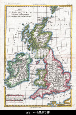 . Englisch: Ein schönes Beispiel für Rigobert Bonne und Guillaume Raynal von 1780 Karte der Britischen Inseln. Abdeckungen Irland, Schottland, Wales, England, Isle of Man und den Kanalinseln. Sehr detaillierte, Städte, Flüsse, einige topographische Merkmale, wichtige Straßen und politischen Grenzen. Relief im Profil gezeigt. Von R.Bonne für G. Raynal von Atlas de toutes les Parties Connues du Globe Terrestre, Dressé gezeichnet pour l'Histoire Philosophique et politique des Établissemens et du Commerce des Européens dans les Deux Indes. Carte Des Isles Brittaniques Royaumes Contenant D'Angleterre, D'Ecosse, Stockfoto