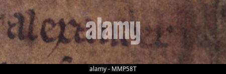 . Englisch: Ein Auszug aus Folio 57r von Oxford Bodleian Library MS Rawlinson B 503 (die Annalen von inisfallen). Der Auszug bezieht sich auf einen Mann, der in Irland im Jahre 1318 getötet worden zu sein. Der Name lautet 'Alexander M', bevor der Rest der Name ist Cutoff als Ergebnis des beschädigten Manuskript. Der Name kann sich auf einen Mann namens Alasdair Mac Domhnaill, ein Mann, der muss eine führende Clann Domhnaill Dynasten wurden. . Vor 1500. Unbekannte Alasdair Mac Domhnaill (Oxford Bodleian Library MS Rawlinson B503, Folio 57r) Stockfoto