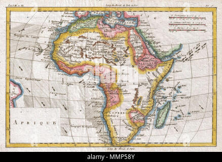 . Englisch: Ein schönes Beispiel für Rigobert Bonne und G. Raynal's 1780 Karte von Afrika. Sehr detaillierte, Städte, Flüsse, einige topographische Merkmale, Meeresströmungen, Häfen und politischen Grenzen. Von R.Bonne für G. Raynal von Atlas de toutes les Parties Connues du Globe Terrestre, Dressé gezeichnet pour l'Histoire Philosophique et politique des Établissemens et du Commerce des Européens dans les Deux Indes. Afrique. 1780 (undatiert). 1780 Raynal und Bonne Karte von Afrika - Geographicus - Afrique - bonne-1780 Stockfoto