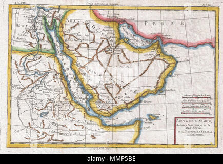 . Englisch: Ein schönes Beispiel für Rigobert Bonne und G. Raynal's 1780 Karte von Arabien und Abessinien (Äthiopien). Abdeckungen von den Nil Delta Süd so weit das Horn von Afrika und im Westen bis nach Persien, inklusive der modernen Ländern Äthiopien, Ägypten, Saudi-Arabien, Jemen, Oman, Kuwait und die Vereinigten Arabischen Emirate. Bietet überraschende Details, wenn man bedenkt, dass seinen Teil der Welt weitgehend unbekannt war für die Europäer. Erkennt Städte, Flüsse, einige topographische Merkmale und politischen Grenzen. Gefährliche Riffe und andere undersea Gefahren, die historisch Handel im Roten Meer und t behindert Stockfoto