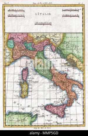 . Englisch: Ein schönes Beispiel für Rigobert Bonne und Guilleme Raynal's 1780 Karte von Italien. Zeigt Städte, Flüsse, einige topographische Merkmale, die politischen Grenzen und wichtigen Straßen. Umfasst die gesamte Halbinsel und Sizilien, als auch die angrenzenden Gebiete von Korsika, Sardinien, Nord Afrika, Ungarn, Österreich und der Schweiz. Farbe b y Region codiert. Oberen Quadranten der Karte verfügt über fünf Abstand Skalen. Von R.Bonne für G. Raynal von Atlas de toutes les Parties Connues du Globe Terrestre, Dressé gezeichnet pour l'Histoire Philosophique et politique des Établissemens et du Commerce des Européens dans Stockfoto
