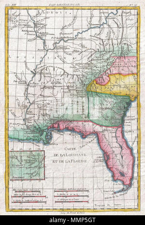 . Englisch: Ein schönes Beispiel für Rigobert Bonne und G. Raynal's 1780 Karte von Louisiana und Florida. Karte entspricht modernen Florida, Georgia, Alabama, Arkansas, Kentucky, Tennessee, North Carolina, South Carolina, Virginia und Louisiana. Bietet erhebliche Detail der nur tenuously erkundet Innenraum, Namensgebung zahlreiche Indianische Stämme und Dörfer einschließlich apalachiola, Echicachae, Acansas Chaccoumas, und viele andere. Der Kolonien, nur Florida, Georgia, North Carolina und South Carolina sind offensichtlich. Einem Einsatz in der unteren linken Quadranten konzentriert sich auf die oberen Missouri River, der w Stockfoto