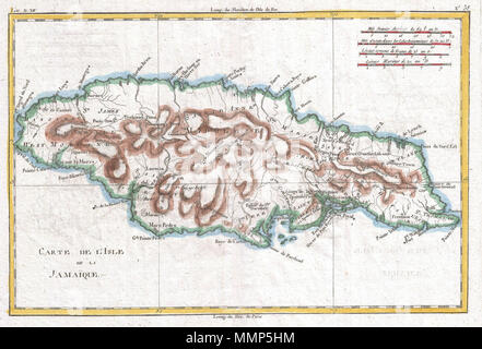 . Englisch: Ein schönes Beispiel für Rigobert Bonne und Guilleme Raynal's 1780 Karte von Jamaika. Sehr detaillierte, Städte, Flüsse, einige topographische Merkmale, die politischen Grenzen und wichtigen Häfen. Von R.Bonne für G. Raynal von Atlas de toutes les Parties Connues du Globe Terrestre, Dressé gezeichnet pour l'Histoire Philosophique et politique des Établissemens et du Commerce des Européens dans les Deux Indes. Carte de L'Isle de la Jamaique.. 1780 (undatiert). 1780 Raynal und Bonne Karte von Jamaica, West Indies - Geographicus - Jamaique - bonne-1780 Stockfoto