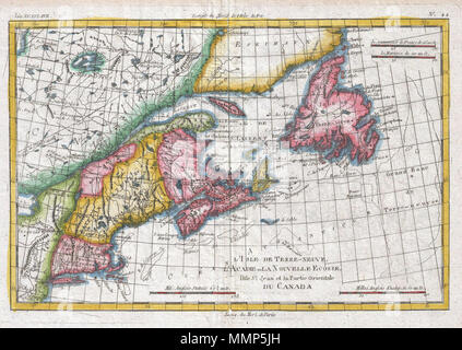 . Englisch: Ein schönes Beispiel für Rigobert Bonne und Guilleme Raynal's 1780 Karte von der nordöstlichen Vereinigten Staaten und Kanada. Diese sehr detaillierte Karte deckt die Ostküste der Vereinigten Staaten von ein Teil von New Jersey und New York im Süden so weit nördlich wie der Kanadische Maritime Provinzen Nova Scotia, New Brunswick und Neufundland. Erkennt Martha's Vineyard und Nantucket Island. Zeigt alle wichtigen Häfen, Häfen, Buchten und Inseln. Entlang der Küste, wie den Grand Banks und die Fischerei aus Cape Cod sind dargestellt, als dieser Bereich war sehr wichtig für den Norden bin Stockfoto