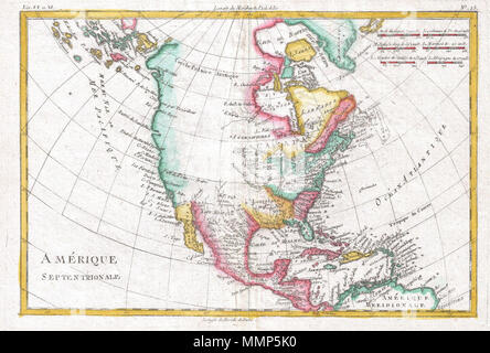 . Englisch: Ein schönes Beispiel für Rigobert Bonne und Guilleme Raynal's 1780 Karte von Nordamerika. Deckt den gesamten Kontinent von der hohen Arktis nach Mittelamerika, die Karibik, und die Spanischen Main. Bietet eine frühe Perspektive auf die Region einschließlich der Identifizierung von Louisiana, Texas, Florida und New England. Die Darstellung der westlichen Küste des Kontinents ist außerordentlich primitiv und entspricht der pre-Cook Konzeption des Territoriums. Die Bucht von San Francisco wird nirgendwo in der Beweis, es sei denn, es interpretiert wird als "Hafen von Francois Drake", wo Drake geschützten und repariert Stockfoto