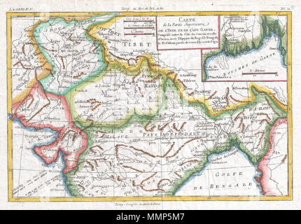 . Englisch: Ein schönes Beispiel für Rigobert Bonne und Guilleme Raynal's 1780 Karte im Norden Indiens. Umfasst den nördlichen Teil von Indien aus Kandahar (Candahar) und Kaschmir (Cachemire) Süden so weit wie Dekan. Umfasst die Bereiche durch die mogol Empire behauptete, sowie angrenzende Teile von Tibet und Nepal. Namen zahllose Städte und den Fluss Möglichkeiten, sowie Windrichtung und einige undersea Untiefen und anderen Gefahren. Eine Einfügung in den oberen rechten Quadranten Details der Mündung des Ganges. Von R.Bonne für G. Raynal von Atlas de toutes les Parties Connues du Globe Terrestre, Dressé gezeichnet pour l'Histoire Philos Stockfoto