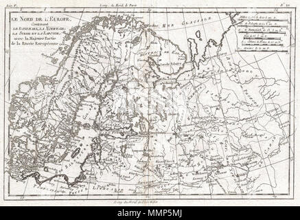 . Englisch: Ein schönes Beispiel für Rigobert Bonne und Guillaume Raynal's 1780 Karte von Nordeuropa und Europäischen Russland. Deckt die modernen Ländern Norwegen, Schweden, Finnland, Dänemark und Finnland, sowie Teile von Russland (Moskau), Polen, Litauen, Lettland, Estland. Sehr detaillierte, Städte, Flüsse, einige topographische Merkmale und politischen Grenzen. Von R.Bonne für G. Raynal von Atlas de toutes les Parties Connues du Globe Terrestre, Dressé gezeichnet pour l'Histoire Philosophique et politique des Établissemens et du Commerce des Européens dans les Deux Indes. Le Nord de L'Eu Stockfoto