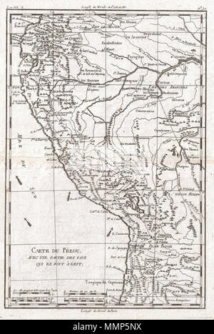 . Englisch: Ein schönes Beispiel für Rigobert Bonne und Guillaume Raynal's 1780 Karte von Peru. Erstreckt sich von der Pazifikküste weit in den Amazonas und so weit südlich wie der Aconcagua Wüste. Zeigt Tradewinds im Pazifik und zeigt Berge im Profil. Eine Reihe von wichtigen indigenen Dörfern und Missionsstationen werden zur Kenntnis genommen. Sehr detaillierte, Städte, Flüsse, einige topographische Merkmale, wichtige Straßen und politischen Grenzen. Von R.Bonne für G. Raynal von Atlas de toutes les Parties Connues du Globe Terrestre, Dressé gezeichnet pour l'Histoire Philosophique et politique des Établissemens et du Commerce de Stockfoto