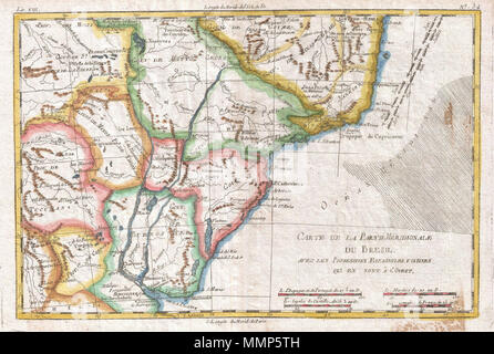 . Englisch: Ein schönes Beispiel für Rigobert Bonne und G. Raynal's 1780 Karte des südlichen Brasilien, Uruguay und nördlichen Argentinien, einschließlich Rio de Janeiro, Montevideo und Buenos Aires. Diese Karte entspricht in der Regel der modernen Minas Gerais, São Paulo, Paraná, Santa Catarina, Rio Grande du Sol, Uruguay, Buenos Aires, Motto Grosso und Paraguay. Bietet überraschende Detail der Einrichtung, wenn man bedenkt, dass diese Region noch weitgehend unerforscht war, wenn diese Karte gezogen wurde. Natürlich wird viel von diesem spekulativen, einschließlich der Laguna de Xarayes, ein mytical See an das nördliche Ende des Paraguay Fluss das war Stockfoto