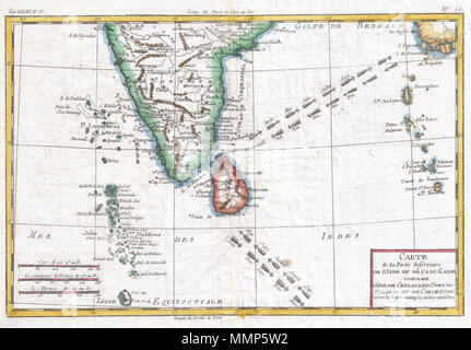 . Englisch: Ein schönes Beispiel für Rigobert Bonne und G. Raynal's 1780 Karte von Südindien. Umfasst die Insel Sri Lanka sowie auf die Malediven und Andaman und Nicobar Insel Ketten. Pfeile, die in den Indischen Ozean zeigen die Richtung der Handel Weine in den verschiedenen Jahreszeiten. Sehr detaillierte, Städte, Flüsse, einige topographische Merkmale und politischen Grenzen. Von R.Bonne für G. Raynal von Atlas de toutes les Parties Connues du Globe Terrestre, Dressé gezeichnet pour l'Histoire Philosophique et politique des Établissemens et du Commerce des Européens dans les Deux Indes. Carte de La Parti Stockfoto