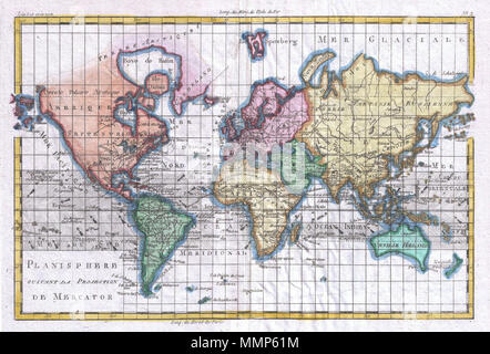 . Englisch: Ein schönes Beispiel für Rigobert Bonne und G. Raynal von 1780 Karte der Welt auf einer Mercator-projektion. Bietet eine erweiterte Sicht auf die Welt zeigen die jüngsten Entdeckungen und Erkundungen. Dennoch gibt es ein paar interessante Fehler. Im nordwestlichen Teil von Amerika eine pre-Cook Geographie umfasst ein Archipel ungefähr, wo Alaska steht heute - ohne Zweifel ein primitiver Versuch, den Aleutians. Australien, beschriftet Nouvelle Holland ist nach Tasmanien - ein Missverständnis, dass wäre richtig kurz nach der Veröffentlichung dieser Karte verknüpft. Bonne zusätzlich Stockfoto