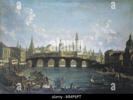 ???????:??? ?? ?????????? ?????? ?? ??????? ????????? ????? Englisch: Blick auf den Moskauer Kreml der Kamenny Brücke. Der Anfang des Jahrhunderts des Th 19. Alekseev Vid na Kreml so storony Kamennogo mosta Stockfoto