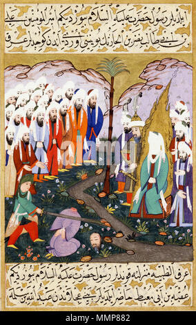 Ali Enthauptung Nadr Ibn al-Harith in der Gegenwart des Propheten Muhammad. Miniatur aus Band 4 der Kopie von Mustafa al-Darir ist siyar-i-Nabi. Istanbul; c. 1594 Der David Col. Stockfoto