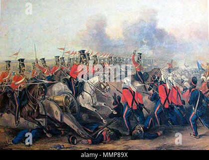 . English: Ladung des 16 Queens eigenen Lancers in der Schlacht von Aliwal 1846. Grafik zur Schlacht von Aliwal bin 28. Januar 1846. Eine der vier Schlachten des Ersten Sikh-Krieges. . Mitte des 19. Jahrhunderts. Henry Martens (aktiv: 1825-1865) Aliwal Stockfoto