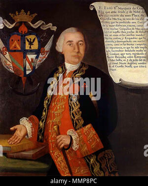 . Español: Retrato del aristócrata y Marino español Francisco Javier Everardo-Tilly (1712-1795), capitán General de la Armada Española, Marqués de Casa-Tilly y Caballero de la Orden de Santiago. Transportó Mandó la flota que el Ejército de Pedro de Ceballos, Virrey de la Plata, que conquistó para la Corona Española La Colonia del Sacramento en 1776. Englisch: Francisco Javier Everardo-Tilly, Spanischer Admiral (1712-1795). Der große spanische Flotte von 9000 Soldaten, die von König Karl III. von Spanien aus Portugal (1776) Colonia del Sacramento zu erobern Geboten, jetzt in Uruguay. Almirante Tilly Stockfoto