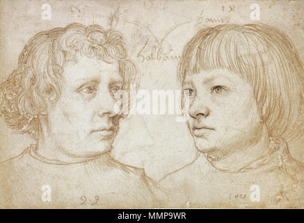 . Englisch: Ambrosius und Hans Holbein. Silverpoint auf Weiß - beschichtetes Papier, 10,3 × 15,5 cm, Staatlichen Museen zu Berlin. Die Namen 'Prosy' (links) und 'Hans' (rechts) werden über die Köpfe der Jungen geschrieben. Nach Kunsthistorikerin Stephanie Buck: "Die hand-schriftliche Notizen machen diese silberstiftzeichnung eines der wichtigsten persönlichen Dokumente der Familie ist ein Künstler der frühen Neuzeit. Das Blatt stammt wahrscheinlich aus einem Skizzenbuch, in dem verschiedene Porträts gehalten wurden." (Buck, s. 8.). 1511. Hans Holbein der Ältere. Von qp 10 qp hochgeladen. Ambrosius und Hans Holbein, Hans Holbein der Ältere Stockfoto