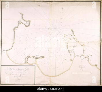 . Nederlands: Titel catalogus Leupe (NA): Plan van de baay van Gale. Notities verso: Nr. 8 Gale. Vergelijk met NA VEL 0249, inzet linksonder met verschillende teksten. Topografische Namen vermeld op deze kaart: Berg van Oenewatte, Clossenburg, Hercules, Olijphant. Englisch: Nach dem Leupe (NA) Katalog, der ursprüngliche Titel lautet: Plan van de baay van Gale. Hinweise auf der Rückseite: Nr. 8 Gale. Mit NA VEL 0249, legen Sie unten mit verschiedenen Texten links vergleichen. Topographischen Namen hier genannt: Berg van Oenewatte, Clossenburg, Hercules, Olijphant. Nederlands: Plattegrond van de baai van Gale Ger Stockfoto