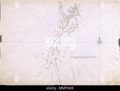 . Nederlands: Titel catalogus Leupe (NA): Kaart van de Rivier van Arakan, van de Mond tot de Stad van dien Naam. Met aanduiding van de Hollandse loge ten zuiden van Arakan. Notities verso: A.A., nr. 30 en Verso nr. N 61.. Englisch: In der Leupe Katalog (NA), der ursprüngliche Titel lautet: Kaart van de Rivier van Arakan, van de Mond tot de Stad van dien Naam. Das Diagramm zeigt die Niederländische Lodge südlich von Arakan. Hinweise auf der Rückseite: A.A., nr. 30 en Verso nr. N 61.. Nederlands: Kaart van de Rivier van Arrakan Englisch: Diagramm des Flusses von Arrakan. zwischen 1690 und 1743. Isaak de Graaf (1668-1743) Stockfoto