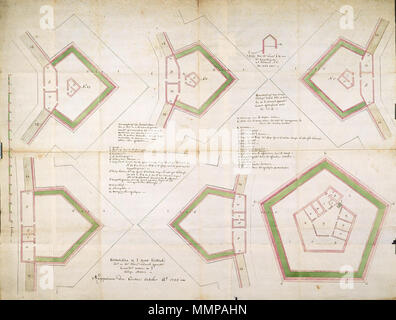 . Nederlands: Titel catalogus Leupe (NA): Plan van de bolwerken, Groot bestek. Notities verso: N. 34/Negapatnam [in potlood]/587 b [met Vette cijfers gestempeld op een etiketje] [deze hoort kaart misschien ook bij OBP Batavia 4 e Deel 1706 Net als VEL 1080]. Legenda: 1-12 Englisch: Nach dem Leupe Katalog (NA), der ursprüngliche Titel lautet: Plan van de bolwerken, Groot bestek. Hinweise auf der Rückseite: N. 34/Negapatnam [in Bleistift]/587 b [Fett auf einem kleinen Etikett] [Druck dieses Diagramm kann auch mit OBP Batavia Teil 4 1706 gehören, wie VEL 1080]. Schlüssel: 1-12 Nederlands: Plattegrond van de Stockfoto