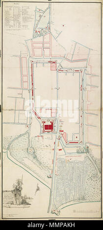 . Nederlands: Titel catalogus Leupe (NA): Plattegrond van de stad en Casteel Batavia, met de situatie gelegene daarnaast; gemeten en in kaart Referenzen Tür C.F. Reimer. De naam van de kopieerder A. bijgeschreven Maarschalk wird. Notities verso: 617 [met Vette cijfers gestempeld op een etiketje]/Plattegrond Batavia Tür Maarschalk na Reimer [potlood in Zeer grote Buchstaben, Slecht leesbaar] erfüllt. Legenda aanwezig. Englisch: Nach dem Leupe Katalog (NA), der ursprüngliche Titel lautet: Plattegrond van de stad en Casteel Batavia, met de situatie gelegene daarnaast; gemeten en in kaart Referenzen tun Stockfoto