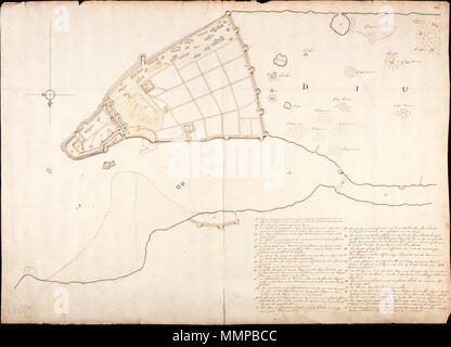 . Nederlands: Titel catalogus Leupe (NA): Gezigt op de Stad en omstreken van Diu. Rechtsboven genummerd: 16. Notities verso: 499 c Legenda: A-Z; Englisch: Titel in der Leupe Katalog (National Archives): Gezigt op de Stad en omstreken van Diu. Nummerierte rechts oben: 16. Hinweise auf der Rückseite: 499 c Schlüssel: A-Z; ein Nederlands: Plattegrond van Diu Englisch: Karte von Diu. zwischen 1690 und 1743. Isaak de Graaf (1668-1743) Alternative Namen Isaac de Graaf, Isaak de Graaff Beschreibung niederländischer Kartograph Geburtsdatum / Tod 1668 5. September 1743 Ort der Geburt / Todes Amsterdam Amsterdam Behörde c Stockfoto