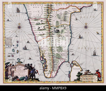 . Nederlands: Kaart van Zuid-India uit de Atlas Van der Hagen, Koninklijke Bibliotheek Den Haag Deel 4. 1655 stuurde De Verenigde Oost-Indische Compagnie een gezantschap naar Peking om handelsprivileges van de Chinese Keizer af te smeken. De delegatie werd vergezeld door de wereldreiziger Johan Nieuhoff sterben de gebeurtenissen optekende tijdens de Reis. Na terugkomst in Nederland werd Het Rijk van Nieuhoff gepubliceerd geïllustreerde reisverslag. Bij het reisverslag hoorde ook deze kaart van het kustgebied van Indien en Ceylon. Rechtsboven: Pag 107. Vgl. Koninklijke Bibliotheek, Inv. nr. 388 Stockfoto