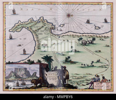 . Nederlands: Kaart van Zuid-Afrika en een gezicht Op de Tafelbaai uit de Atlas Van der Hagen, Koninklijke Bibliotheek Den Haag Deel 4. Deze kaart van Kaap De Goede Hoop en de Tafelberg ist een van de vele reisverslag illustraties bij een van de Amsterdamse wereldreiziger Johan Nieuhoff. Vgl. Koninklijke Bibliotheek, Inv. nr. 388 9 deel II, na s. 6. Englisch: Karte von Südafrika mit Blick auf die Tafelbucht, aus dem Atlas Van der Hagen, Koninklijke Bibliotheek genommen, Den Haag, Teil 4. Diese Karte des Kap der Guten Hoffnung und den Tafelberg ist einer der vielen Abbildungen begleitet die reisen j Stockfoto