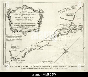 . Nederlands: Kaart van een gedeelte van de West-Afrikaanse Kust. Vervolg van de Kust van Guinea, van de Riviere Volta tot aan Jachin, waarin gevonden Nordworden de Koningryken van Koto, Popo, der Whidah Juida, en Ardra. Suite de La Coste de Guinea Depuis la Riviere de Volta Jusqu'a Jachin ou sind les Royaumes de Koto, de Popo, de Whidah ou Juida, et d'Ardra. Englisch: Karte von einer Ausdehnung der westafrikanischen Küste. Vervolg van de Kust van Guinea, van de Riviere Volta tot aan Jachin, waarin gevonden Nordworden de Koningryken van Koto, Popo, der Whidah Juida, en Ardra. Suite de La Coste de Guinea Depuis la Rivi Stockfoto