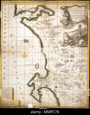 . Nederlands: Titel im Catalogus Leupe (Nationaal Archief): Nova et accurata Tabula promontorii Bonae Spei vulgo Cabo de Bona Esperanca. Nieuwe naauwkeurige Land en zeekaart gedeelte van het voornaamste der Kaffersche kust, Sardanje-Baij begrijpende de en de Caap de Bonne Esperance erfüllt alle deszelfs plantaziën. Schaalaanduiding: Schaal van 4 Duitse mijlen = 85; strepen omgerekende Schaal [1:359.952]; Schaal van 5 Franse [Zee?] mijlen = 80; strepen omgerekende Schaal [1:347.293]. Englisch: Titel in der Leupe Katalog (National Archives): Nova et accurata Tabula promontorii Bonae Spei vulgo Stockfoto