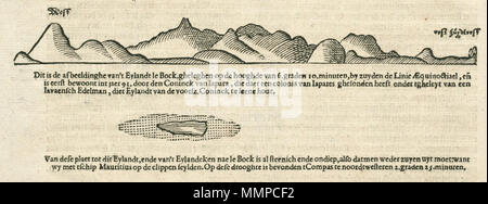 . Nederlands: Gezicht op het Eiland Lombok. Dit ist de afbeeldinghe van't Eylandt Recherche le Bock, gheleghen Op de hooghde van 6. Graden 10. Minuten, durch zuyden de Linie Aequinoctiael, en: eerst bewoont int jaer 93 Tür den Coninck van Iapara, sterben daer een Colonia van Iapares gehsonden heeft oder tgheleyt van een Iavaensch Edelman, Diät Eyland van de voorsz. Coninck te leene Hout. Van Gegend hier is viel plaet tot dit Eylandt Recherche, Ende van't Eylandeken le Bock nae ist Al steenich Ende ondiep, auch datmen weder zuyen uyt Moet: Möchten wy met tschip Mauritius op de clippen seylden. Op Gegend hier is viel drooghte ist bevond noordwest tCompas te Stockfoto