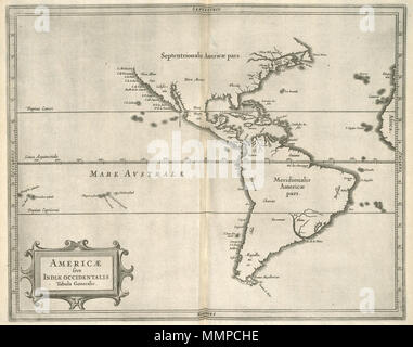 . Nederlands: Kaart van Noord en Zuid-Amerika. Americae sive Indiae occidentalis Tabula Generalis. Als gevolg van een rekenfout ist de Atlantische Oceaan te klein. Englisch: Karte von Nord- und Südamerika. Americae sive Indiae occidentalis Tabula Generalis. Durch einen Rechenfehler, den Atlantischen Ozean dargestellt ist zu klein. Nederlands: Kaart van Noord-en Zuid-Amerika Englisch: Karte von Nord- und Südamerika. ca. 1630. Schöpfer: B. Elsevier Creator: I. Elsevier Nederlands: B. Elsevier (uitgever), I. Elsevier (uitgever), Anoniem/Anonym (landmeter/kaartenmaker) Englisch: B. Elsevier (Pu Stockfoto