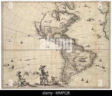 . Nederlands: Kaart van Noord en Zuid-Amerika. Novissima et Accuratissima Totius Americae. Op de kaart zijn verschillende kleine illustraties te zien, zoals in Zuid-Amerika Indianen tussen oorlog en een figuur in een hangmat. Linksonder ist Nieuw-Zeeland voor een Deel ingetekend. Vgl. Koninklijke Bibliotheek, Den Haag, Inv.nr. 1049 B 13 072 en Rijksmuseum Amsterdam, Inv. nr. NG -501-89. Englisch: Karte von Nord- und Südamerika. Novissima et Accuratissima Totius Americae. Der Plan verfügt über verschiedene kleine Abbildungen, wie ein Krieg geführt wird von den Indianern in Südamerika und eine Figur in einem ha liegen Stockfoto