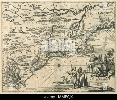 . Nederlands: Kaart van Nieuw Nederland. Novi Belgii quod nunc Novi Jorck vocatur Novae Angliae q&Partis Virginiae/Novissima et Accuratissima Delineatio. Vgl. Koninklijke Bibliotheek, Den Haag, Inv.nr. 1049 B 13 074. Deutsch: Karte der neuen Niederländischen. Novi Belgii quod nunc Novi Jorck vocatur Novae Angliae q&Partis Virginiae/Novissima et Accuratissima Delineatio. Vgl. Koninklijke Bibliotheek Den Haag, Inv. nr. 1049 B 13 074. Nederlands: Kaart van Nieuw Nederland Englisch: Karte der neuen Niederländischen. ca. 1671. Jacob Van Meurs (1619-1680) Alternative Namen Jacob Van Meurs (I), Ja Stockfoto