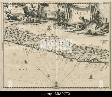 . Nederlands: Kaart van de Kust van Chili. Chili. Legenda: P.ta de Talcaguana. / 2. I. Quiriquina/3. R. Biobio/4. R. Llandalien/5. R. de la Laxa. De Indianen bij de Titel zijn waarschijnlijk ijzer von een ander Metaal aan het smelleden en Gieten. Deutsch: Karte der Küste von Chile. Chili. Schlüssel: P.ta de Talcaguana. / 2. I. Quiriquina/3. R. Biobio/4. R. Llandalien/5. R. de la Laxa. Die Inder flankieren die Titel sind wahrscheinlich Schmelzen und Gießen Eisen oder Metall der anderen Art. Nederlands: Kaart van de Kust van Chili Deutsch: Karte der Küste von Chile. ca. 1671. Jacob Van Meurs (16. Stockfoto